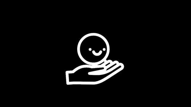 Cute cartoon hand holding a smiling face icon on a black background