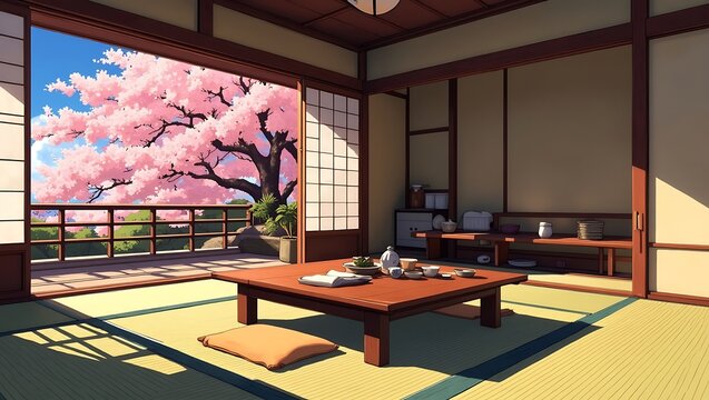 Cozy Japanese tatami room with low wooden table and view of blooming cherry blossom tree outside