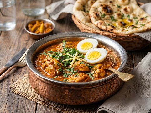 Indian chole bhature dish with eggs and herbs on wooden table indoors