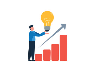 Businessperson holding a light bulb with a growing chart and upward arrow flat design business innovation
