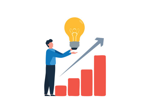 Businessperson holding a light bulb with a growing chart and upward arrow flat design business innovation