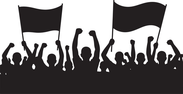 Sports background with soccer Football supporters in silhouette flat design. Male and female fans with hands in the air, banners, flags, scarfs. Design with two layers and gray crowd behind black crow