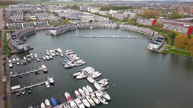 Waterfront homes in Aquamarin neighborhood in the city of Weesp, Drone Aerial View