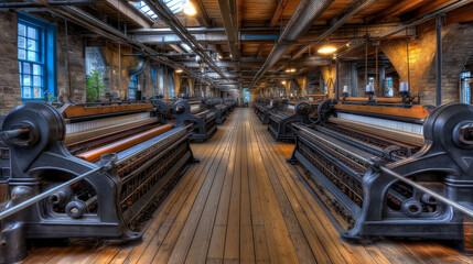 Fototapeta premium Massive loom-weaving textile machinery silent and rusting inside a converted mill, new oak flooring half-installed between old iron pillars, workers measuring for partition walls,