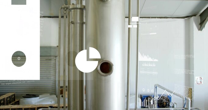 Dominating stainless tank occupying center in plant interior, showing nozzle, pipes, data overlays