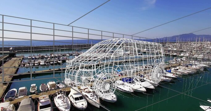 Displaying 3D van overlay hovering above central dock at coastal marina, sailboats and grid