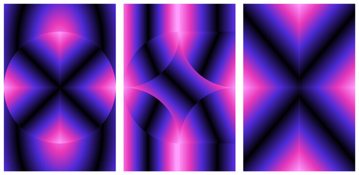 Abstract Neon Gradient Geometric Poster Bundle : futuristic posters with with vibrant purple and pink neon gradients and geometric shapes and glow effect. Purple pink modern backgrounds covers
