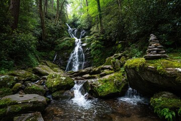 Obraz premium Lush forest waterfall cascading into a mossy, rocky stream