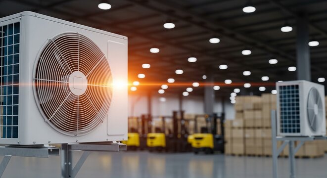 Close-up of a large outdoor air conditioner unit in a warehouse with forklifts and stacked boxes