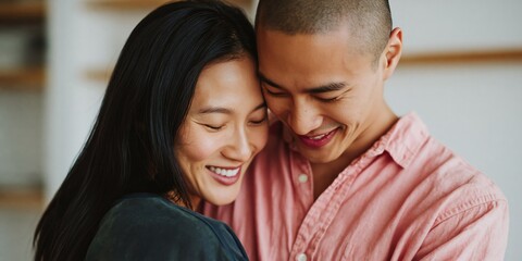 Fototapeta premium Young asian couple embracing and smiling in cozy kitchen interior