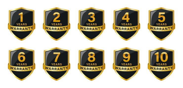 Warranty shield badge set, 1 to 10 years warranty gold premium glossy labels collection, Luxury black and gold ribbon shields for service assurance, Vector illustration