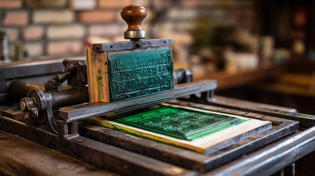 Printer inks relief block with a brayer in deep forest green, registration marks visible on tympan paper of antique iron press in a brick-walled studio, perfect for block printing,