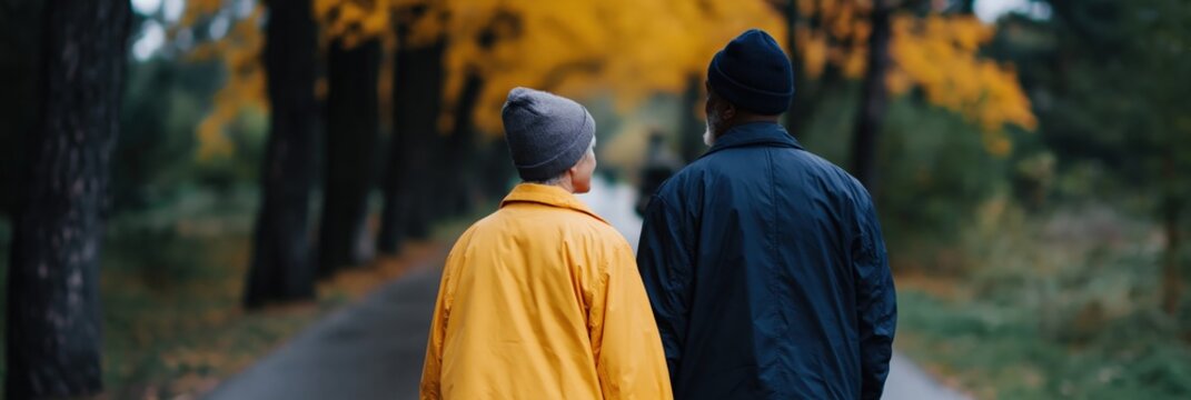 Senior pair strolling down leafy park path under yellow trees