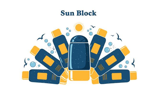 Sunscreen, sun block, protection, blue and yellow tubes, SPF, vector icons
