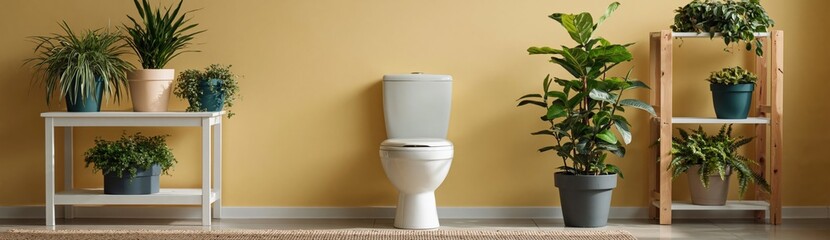 Naklejka premium Toilet centered among potted plants against yellow bathroom wall