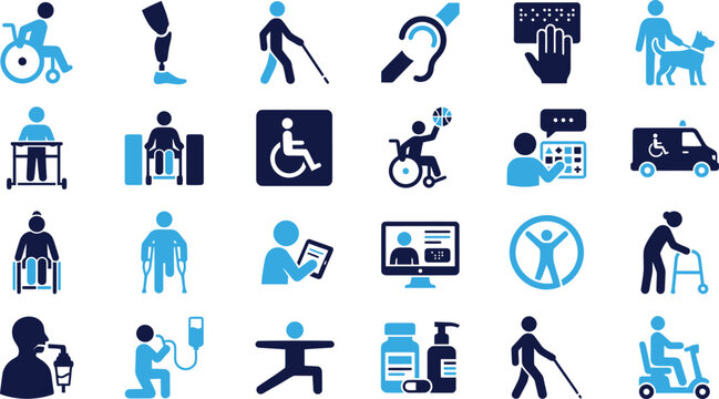 Collection of blue and dark blue icons representing disability and accessibility on white background.