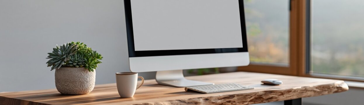 Computer monitor angled near window on wooden desk with cup