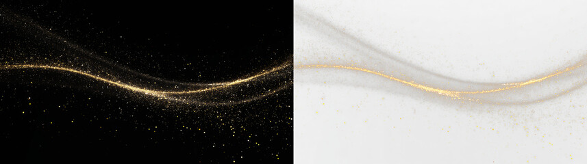 Swirling lines of gold dust blend into black and white backgrounds creating an artful design suitable for various uses, light overlay, PNG