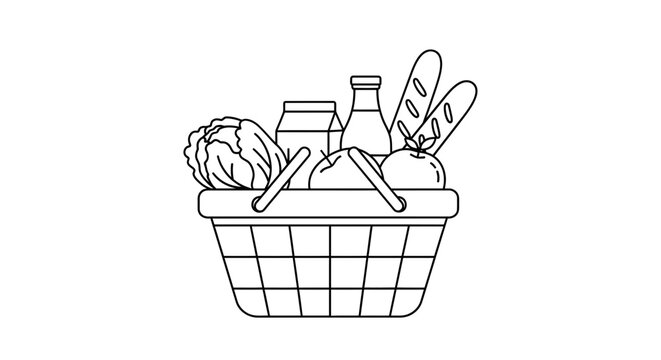 A charming line drawing depicts a wicker picnic basket filled with fresh groceries and produce