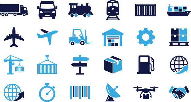 Set of logistic and delivery icons representing trucks, trains, airplanes, forklifts, containers, and cargo for transportation business.