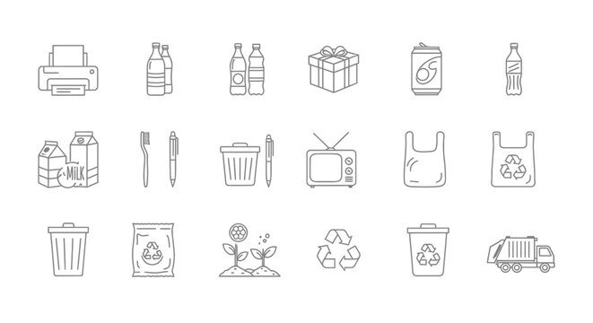 Collection of minimalist line icons representing everyday objects and environmental concepts