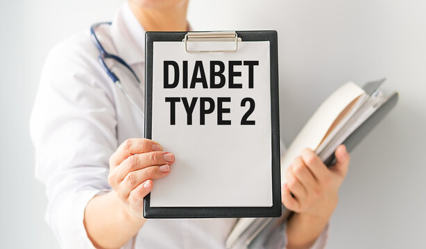 Doctor holds clipboard labeled Diabetes Type 2. Hands steady, professional posture. Focused, calm, and confident demeanor.