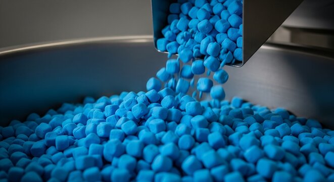 Close-up of bright blue cubic candies falling from a metal chute into a large pile in a production