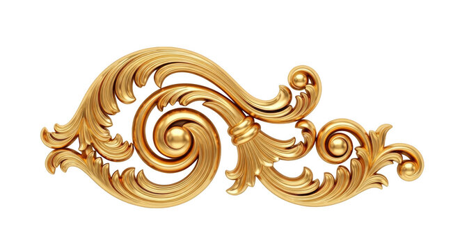 Ornate gold acanthus leaf scrollwork with swirling baroque patterns, metallic finish, isolated on transparent background