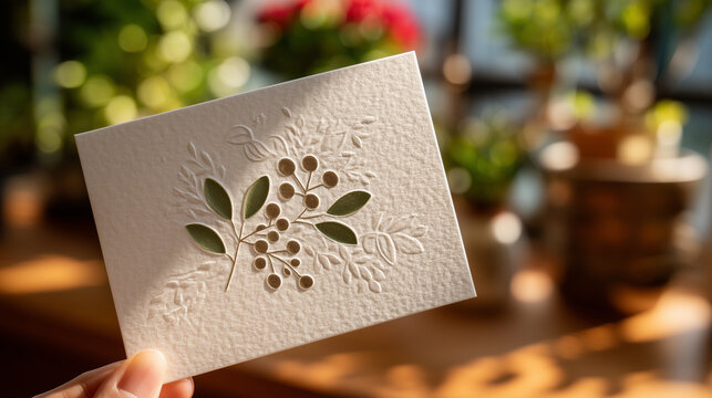 Letterpress studio owner holds a finished embossed wedding invitation card up to the window light, blind deboss pattern of spring botanicals catching shadow beautifully, perfect fo
