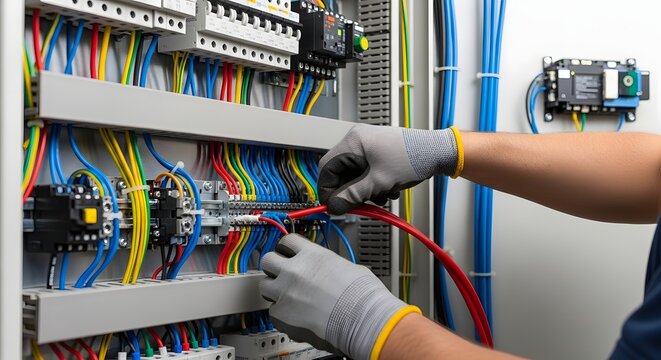 Electricians skilled hands organize colored cables inside a panel box ensuring clear and safe wiring layout