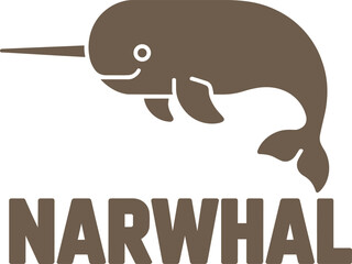 A simple flat design brown narwhal illustration with the word narwhal below in clean modern art style © MC Creative