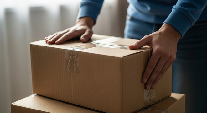 Close-up of hands packing a cardboard box for shipping or moving, securing contents with tape