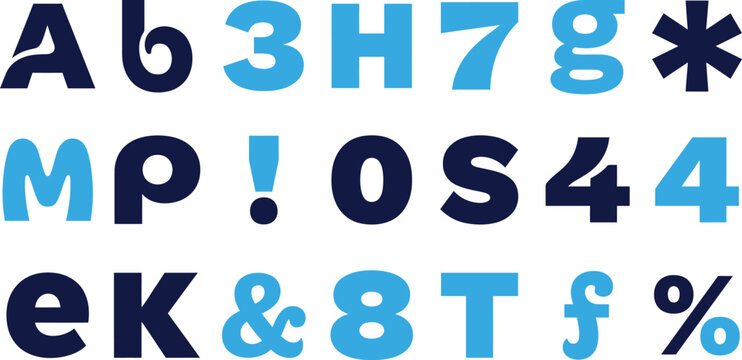 Set of letters, numbers, and symbols in blue and navy, for typography, design, and educational purposes, isolated.