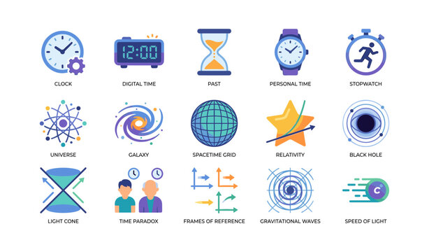 Time and space icons illustrating clocks and cosmology concepts
