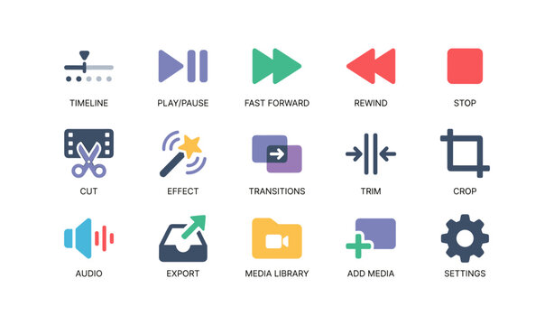 Video editing and media control icons arranged on white background