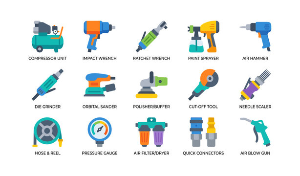 Pneumatic tools and compressor accessories icons in grid