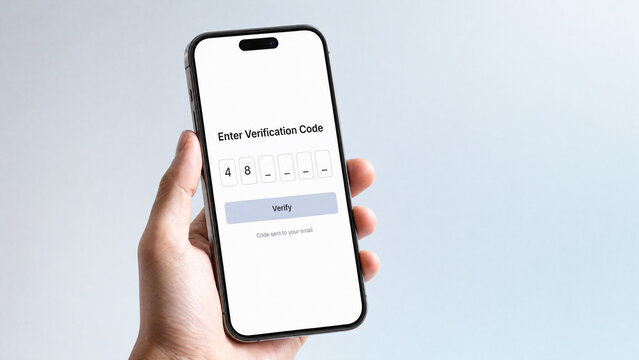 Hand holding smartphone with email verification code screen, two factor authentication concept, secure login interface with copy space