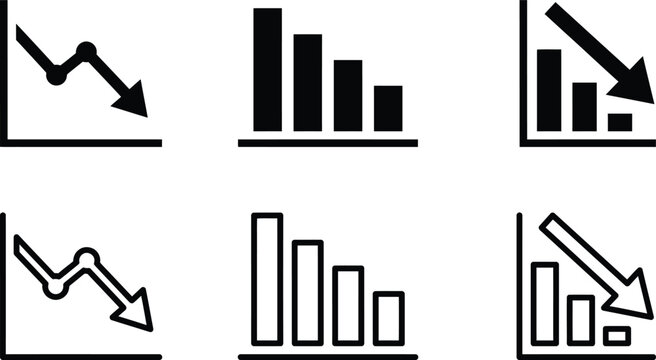 Set of six icons representing downward trends and financial decline, including line graphs and bar charts with arrows indicating a decrease.