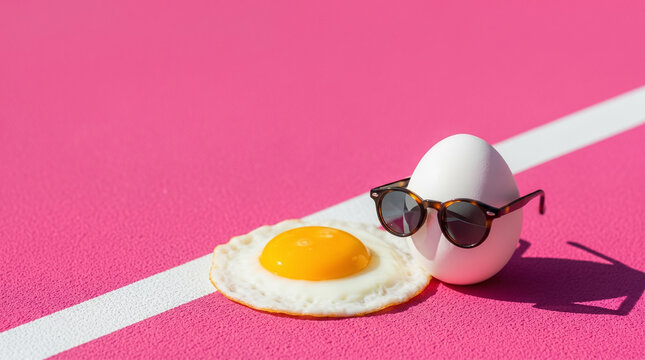 Quirky summer heat metaphor. Surreal fried egg with sunglasses on a bright pink background. Ideal for skincare SPF humor and bold creative sale banners. AI generated art.