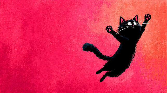 The essence of feline charm and joy is captured by the playful black cat illustration on a vibrant pink background when celebrating international cat day