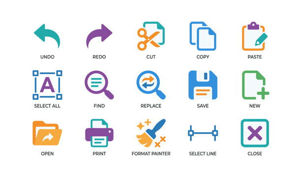 Ui editing icons showing common commands on white background
