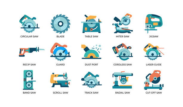 Multiple saw tools illustrated as labeled icons on white background