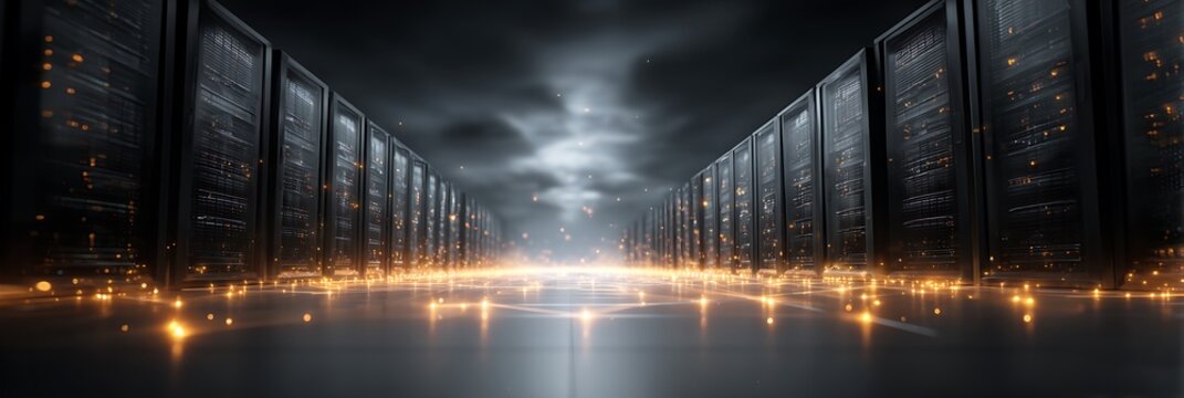 Data center server room with glowing golden light particles on floor and dark atmospheric fog representing futuristic cloud storage and high speed digital information transfer