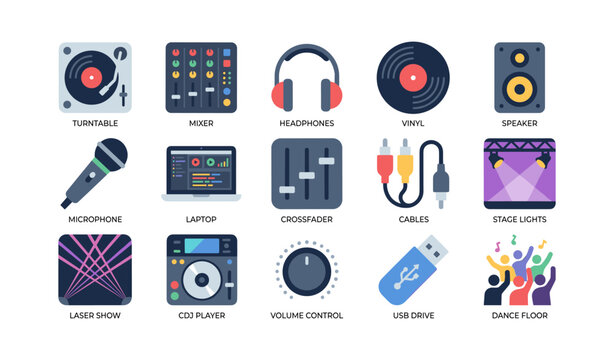 Dj and audio equipment icons arranged on white background