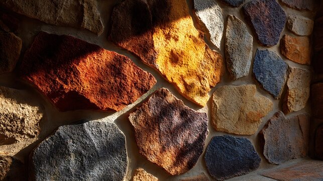 Rustic stone wall featuring multicolored rough-cut masonry with dramatic lighting and deep shadows across the textured surface of natural granite and sandstone blocks