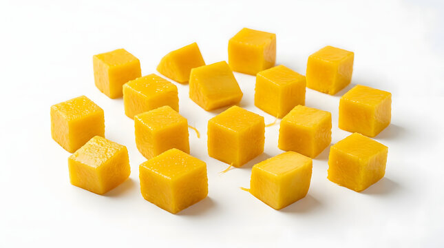 Cubed mango pieces on white background, fruit yellow