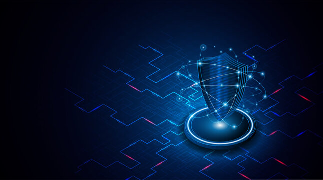 3D isometric shield icon representing internet security and firewall. Blue glowing technological background for cyber crime prevention.