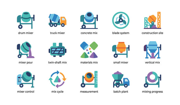 Concrete mixer icons showing mixer types in construction settings