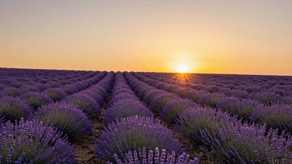Obraz premium Lavender rows blooming at sunrise across open field