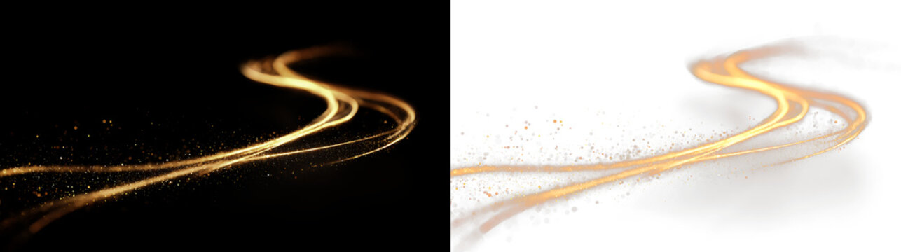 Golden lines swirl isolated on transparent and black background, during artwork display in gallery and studio spaces to create visual contrast and movement, light overlay, PNG